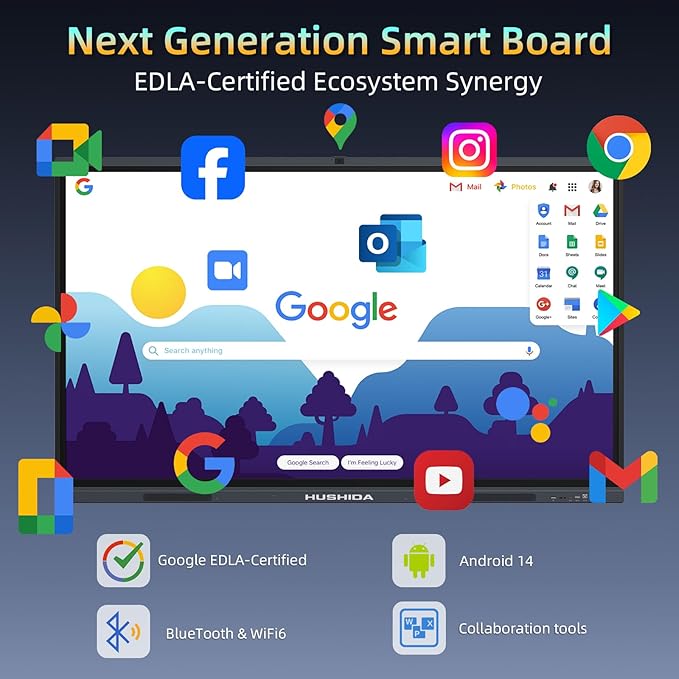 65" Smart Board Google EDLA-Certified 4K Interactive Whiteboard SmartBoard for Classroom & Office Business, Android 14 Touchscreen with 13MP AI Camera 8G RAM+64G ROM, 40-Points, Wall Mount Included
