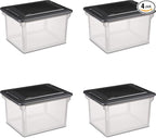 Sterilite File Box, Stackable Storage Bin with Lid, Plastic Container to Organize Taxes, Papers in the Home, Office, Clear Base with Black Lid, 4-Pack