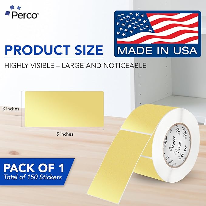 Perco Metallic Gold 3x5 Inch Perforated Sticker Labels — 500 Stickers Per Roll — with Permanent Adhesive for Product Labeling, Gift Boxes, Event Signage, Decorative Packaging & More — Made in USA
