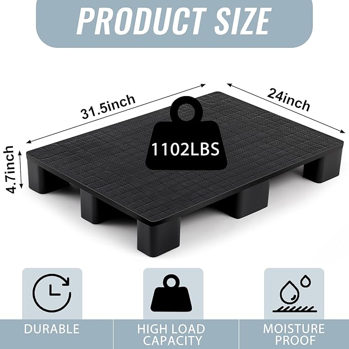1 Pcs Plastic Pallet for Basement Storage Easy Stack Lightweight Floor Pallet Display Flooring Room Supermarket Christmas, Support up to 2000 Lbs (31.5'' L X 24'' W X 4.7'' H,Black)