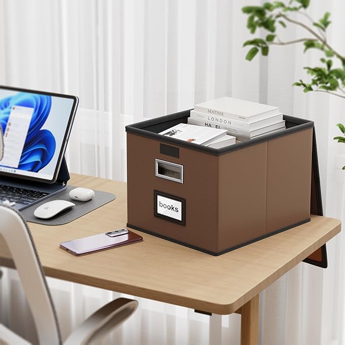 Huolewa File Organizer Boxes with Lids, Collapsible Faux Leather Hanging File Folder Box Organizer with Plastic Slide, Decorative Home/Office Filing System Boxes for File and Folders Storage