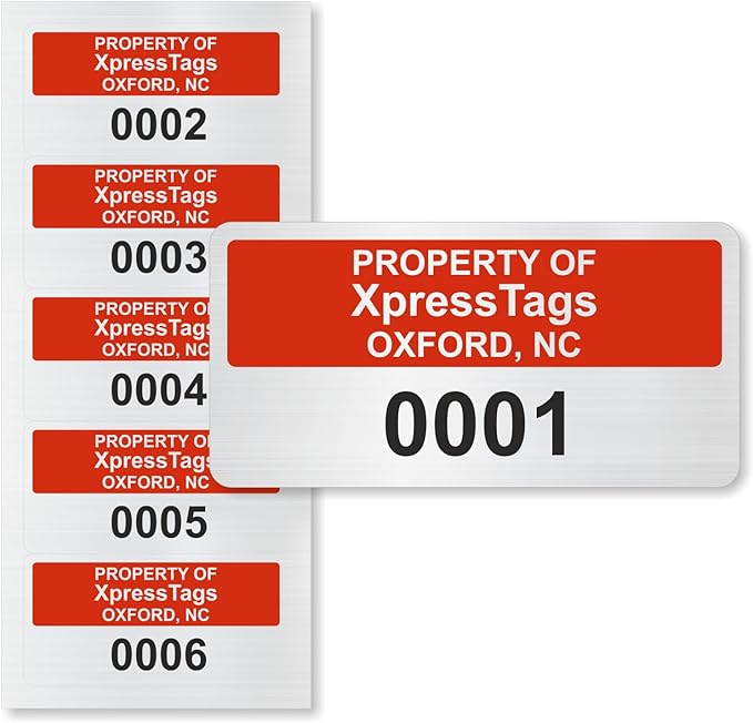 XpressTags 0.75"x1.5" Custom Asset Tags with Consecutive/Serial Number, Fixed Inventory Stickers, Brushed Metalized Silver Polyester Labels - Pack Sizes 100 to 5000, Made in USA