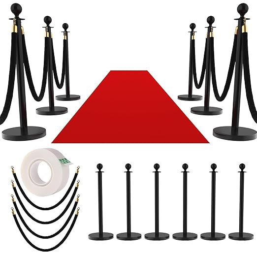 8Pcs Stanchions and Velvet Ropes, Black Stanchions with Retractable Belts, Crowd Control Barriers with Hollow Base, Red Carpet Ropes and Posts for Event & Party Supplies