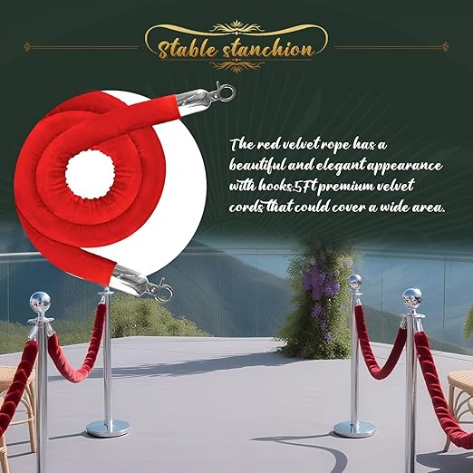 4Pcs Sliver Stanchion Post Queue Velvet Ropes and Posts with Soild Base and 3pcs 5 Ft Red Velvet Ropes Carpet Ropes Posts Stanchion Set Crowd Control Barriers for Party Supplies
