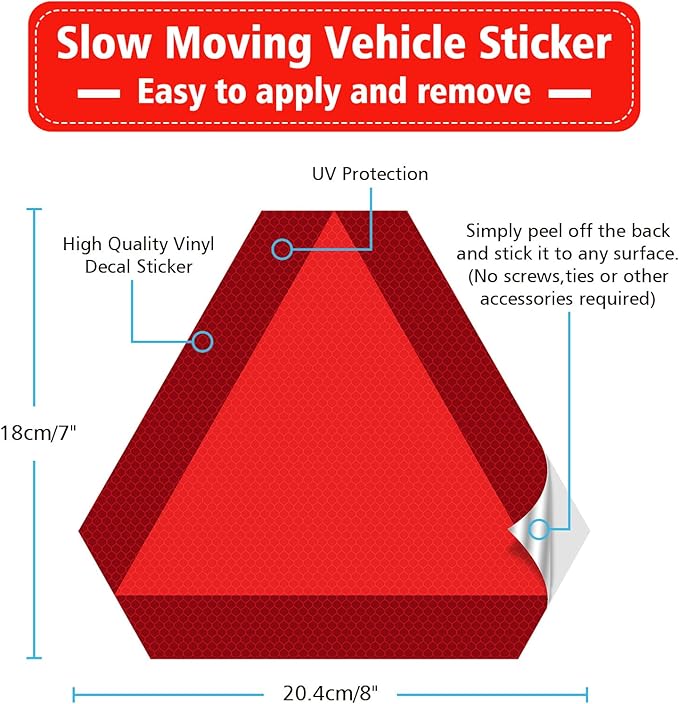 3 Pack Slow Moving Vehicle Triangle Sticker,8 x 7 inch Diamond Grade Reflective Slow Moving Vehicle Sign for Golf Cart Tractor UTV Waterproof,Self-adhesive Vinyl Sign for Easy Installtaion