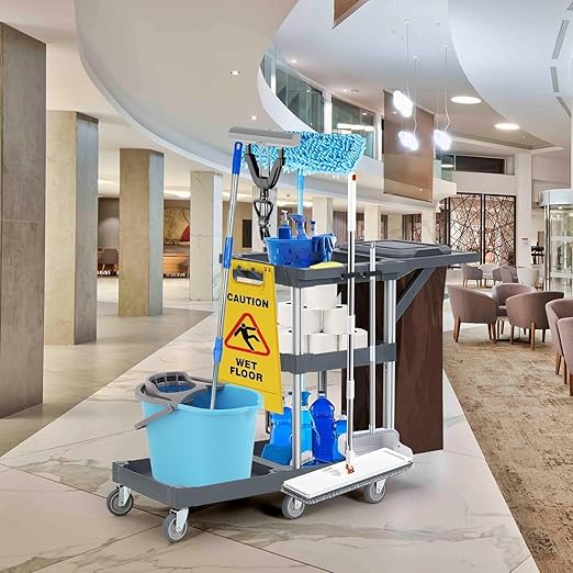 Commercial Traditional Janitorial Cleaning Cart on Wheels with Cover and Vinyl Bag, Housekeeping Carts for Hotels, Stores, Schools, and Business, Gray