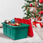 HOMZ 2-Pack Durabilt, Heavy Duty Plastic Storage Bins with Lids, 27 Gallon, Green/Red - Stackable Container Boxes for Holiday, Attic, and Garage Organization