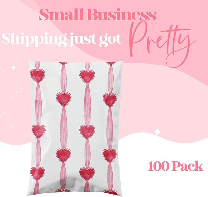 14.5x19 Designer Poly Mailer 100 Pack Heavy Duty Waterproof Self Seal Shipping Bags for Small Business Large Mailing Envelopes Bulk Tear Resistant Packaging Valentine Heart