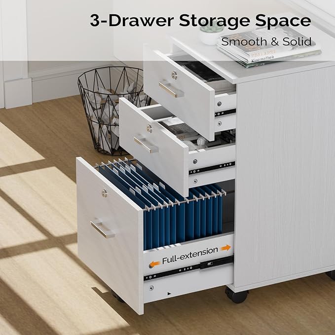 VINGLI 3-Drawer File Cabinet with Lock, Wood Rolling Filing Cabinets for Home Office, Mobile Printer Stand, Under Desk File Organizer for Letter Sized Files, 26" H(Caster Included), White