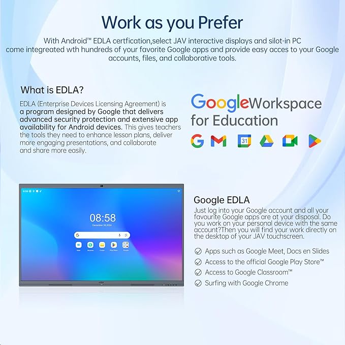 JAV Smart Board Interactive Whiteboard for Classroom Office Home, 4K UHD 8+128GB Touchscreen Smartboard with Built-in EDLA Licensed Android OS & Open App Ecosystem, Wi-Fi & Bluetooth