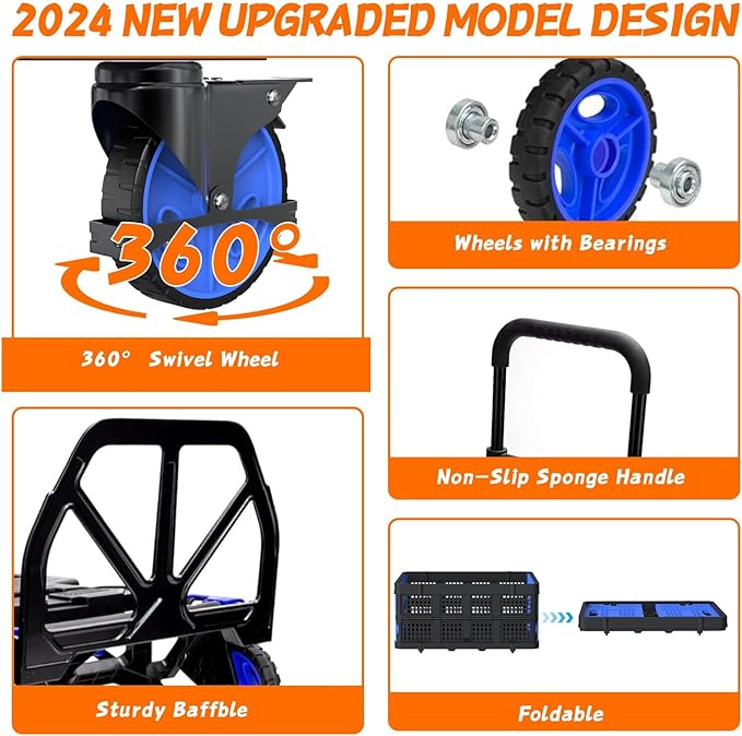 2-in-1 Folding Hand Truck with Folding Basket,Hand Truck with Retractable Handle, 330LBS Capacity Heavy Duty Hand Dolly, Dolly Cart with Wheels for Luggage/Moving/Travel