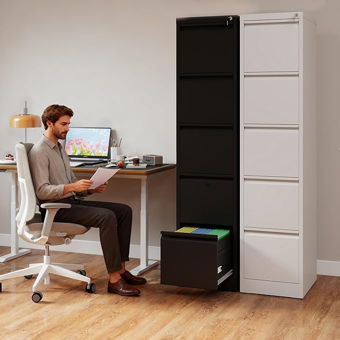 5 Drawer File Cabinet with Lock, Vertical Filing Cabinets for Home Office, Metal Storage Cabinets, Heavy Duty File Cabinet for Letter/Legal/A4/F4 Size Amssebly Required, Black
