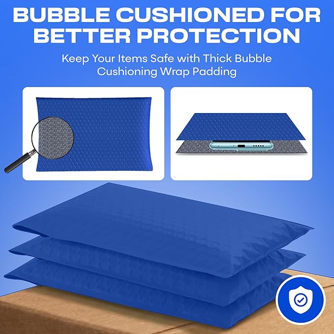 Royal Blue Small Poly Bubble Mailers 6x10 inch #0 | Self Seal Padded Envelopes | Cushioned Bubble Mailer | Usable Size 6x9 | WaterProof | Lightweight mailing Shipping Bags | 250 Pack Bulk