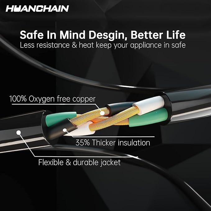 HUANCHAIN Indoor Outdoor Black Extension Cord 8 ft Waterproof, 16/3 Gauge Flexible Cold-Resistant Appliance Extension Cord Outside, 13A 1625W 16AWG SJTW, 3 Prong Electric Cable, ETL