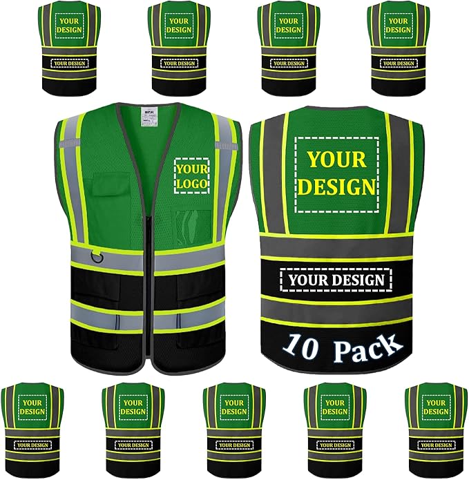 10 Pack Custom Safety Vest Customized Logo Mesh Vest Class 2 High Visibility Reflective Vest with Pockets Workwear（Green Black，S ）