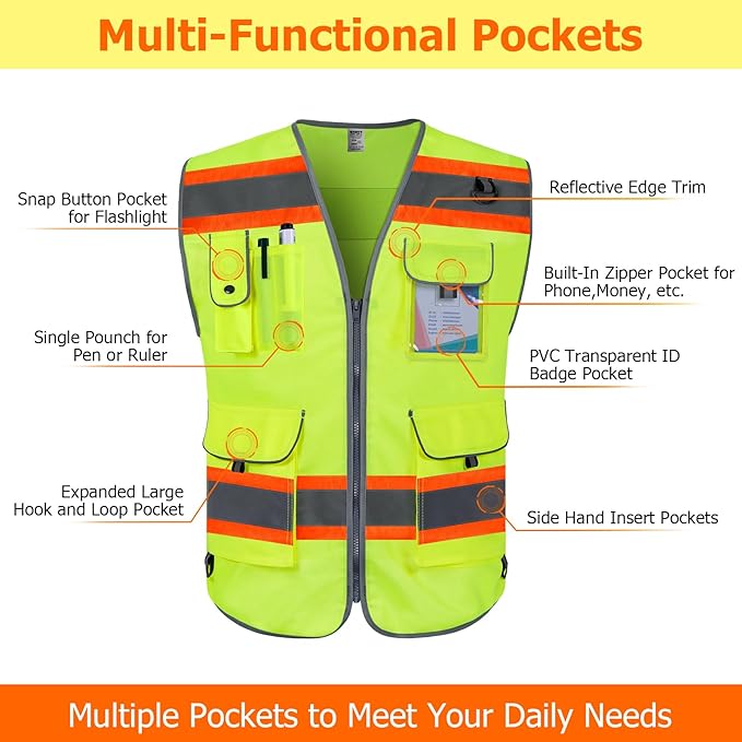 TCCFCCT High Visibility Vest 9 Pockets Reflective Safety Vest for Men Women, Hi Vis Construction Work Vest with Orange Extend Edge for Surveyors, Durable to Use, Meets ANSI/ISEA, (DB-Yellow, X-Large)