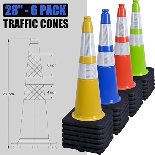 6 Pack 28" Large PVC Traffic Cones with Heavy-Duty Black Base, Garage Parking Lot Cones Structurally Stable Weatherproof Road Construction Safety Cones (6, Blue, 28" Large)