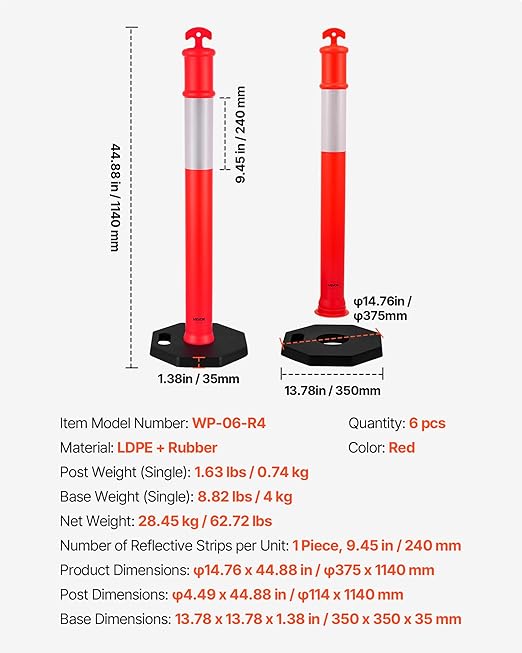 VEVOR 6 Pack Traffic Delineator Posts, 48 inches Traffic Safety Cones with Weighted Base and Reflective Strips, Heavy Duty Delineator Posts for Construction Site, Parking Lot, Crowd Control, Red