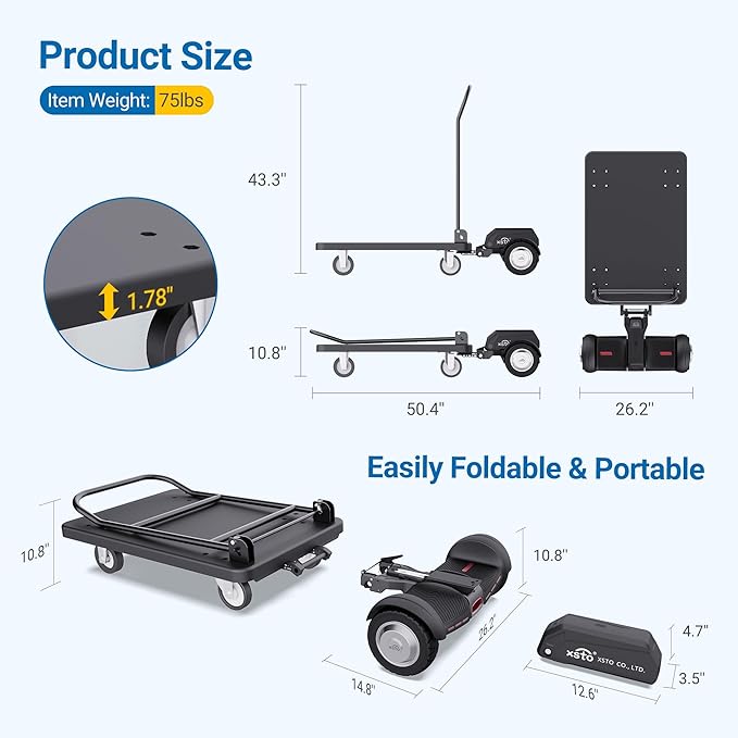 Electric Platform Trucks,Foldable Push Cart Dolly 661 LBS Capacity, 1000W Powered Heavy Duty Flatbed Cart with 360° Swivel Wheels for Warehouse Material Handling