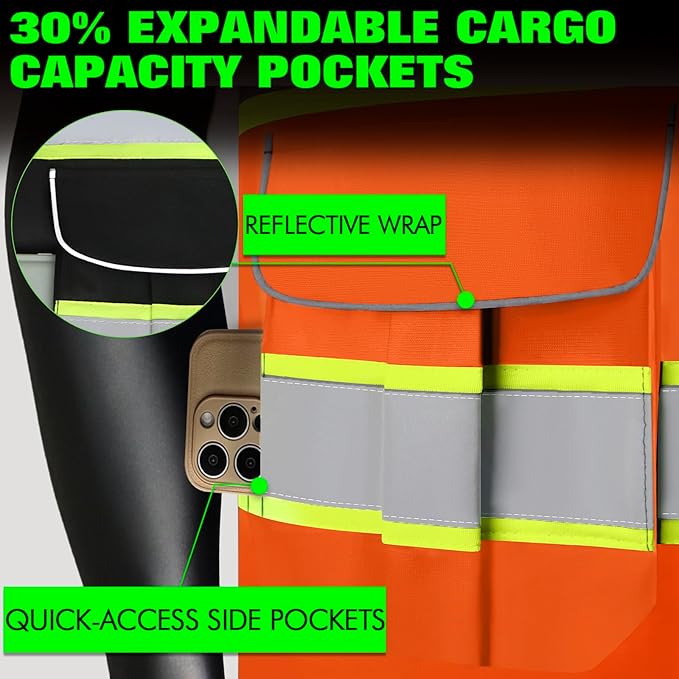 BeautyWill 5Pack Custom Logo Safety Vest 8 Pockets Class2 ANSI Certified High Visibility Reflective Vest for Men - Personalized Logo Heavy-Duty Work Vest（Orange，M）