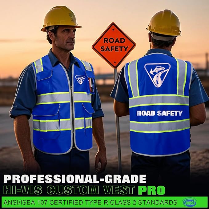 BeautyWill 5Pack Custom Logo Safety Vest 8 Pockets Class2 ANSI Certified High Visibility Reflective Vest for Men - Personalized Logo Heavy-Duty Work Vest（Blue，M）