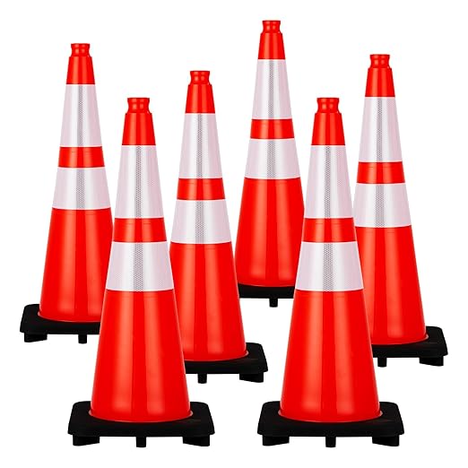 Traffic Cones 28", PeakPursuit 6 PCS Safety Cones, PVC Orange Safety Road Parking Cones with 2 Reflective Collars,Hazard Construction Cones for Home Traffic Parking