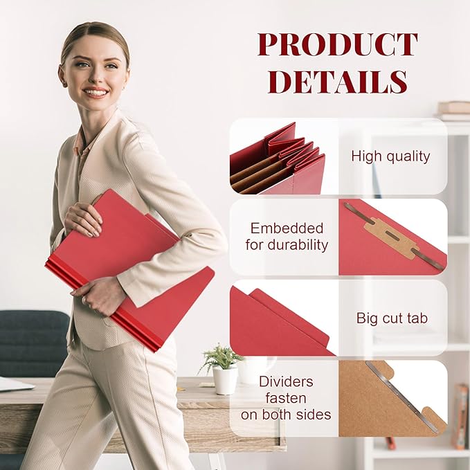 Skyygemm 24 Pcs Classification Folders Letter Size, 3 Divider Pressboard File Folder with Fasteners, Expanding File Organizer Bulk for Teachers, Clergy, Office, Church, Christmas Donations (Red)