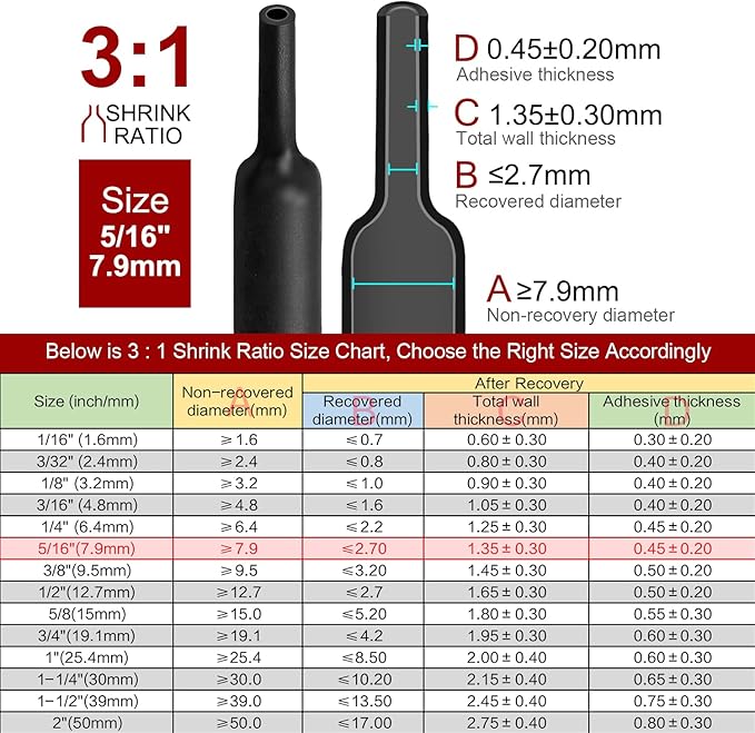 Chanzon 3:1 Ratio - 80ft Roll - Heat Shrink Tubing 5/16" (7.9mm) - Marine Grade Waterproof Adhesive Lined - (25M Total Length) Black Polyolefin Sleeving Wrap Shrinking 3 to 1 Ratio,1pcs