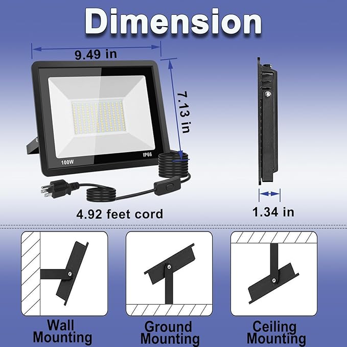 100W LED Flood Light Outdoor, 10000LM Bright Plug-in Flood Lights with Switch, IP66 Waterproof Exterior Security Lights, LED Work Light for Garage, Yard, Garden, Playground, Stadium, Arena
