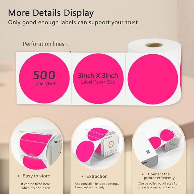 3 X 3 Inch Round Thermal Labels Circle Color Coding Labels Printable Waterproof 500PCS Round Stickers Adhesive Writable for Office, Garage, DIY Sticker, Barcodes, Name Tag, Fluorescent Pink