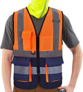 A-SAFETY High Visibility Safety Vest with 4 Reflective Strips 7 Pockets,Orange&Navy Mesh X-Small