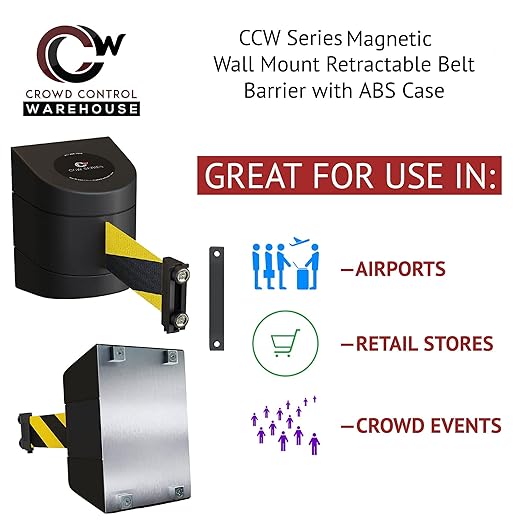 Crowd Control Warehouse - CCW Series WMB-230 Magnetic Wall Mount Retractable Belt Barrier - 30 Foot Belt, Yellow Belt with Black ABS Case