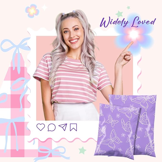 Metronic Poly Mailers 14.5x19 Inch 50pc Shipping Bags for Clothes,Self Adhesive Shipping Envelopes for Small Business,Waterproof Mailers Poly Bags for Shipping,Packaging Mailing Bags Purple Butterfly