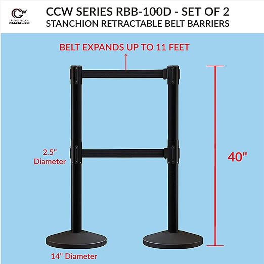 Crowd Control Warehouse CCW Series RBB-100D Set of 2 Stanchion Retractable Belt Barriers - Sloped Base, 9 Foot, Black with Horizontal Blue Stripe Dual Belt with Black Post - Easy Assembly