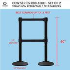 Crowd Control Warehouse CCW Series RBB-100D Set of 2 Stanchion Retractable Belt Barriers - Sloped Base, 9 Foot, Black with Horizontal Blue Stripe Dual Belt with Black Post - Easy Assembly