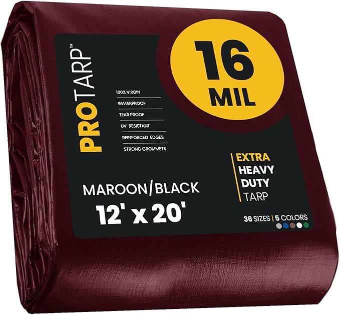 PROTARP Extra Heavy Duty 16 Mil Tarp Cover, Waterproof, UV Resistant, Rip and Tear Proof, Poly Tarpaulin with Reinforced Edges for Roof, Camping, Patio, Pool, Boat. (Maroon/Black 12′ X 20′)