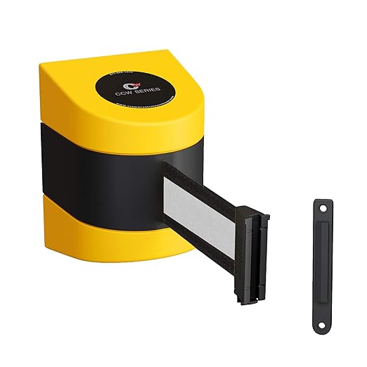 Crowd Control Warehouse - CCW Series WMB-220 Fixed Wall Mount Retractable Belt Barrier - 15 Foot, Black White Horizontal Stripe Belt with Yellow ABS Case