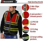 BeautyWill Custom Safety Vest Customized Logo Mesh Vest Class2 High Visibility Reflective Vest with Pockets Workwear（Red Black，M ）