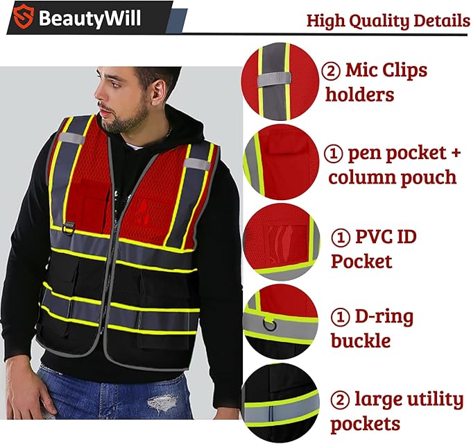 5 Pack Custom Mesh Safety Vest Customized Logo Class2 High Visibility Reflective Vest with Pockets Construction workwear（Red Black，4XL ）