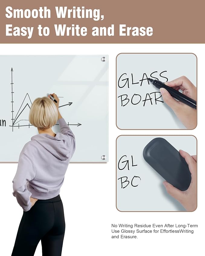 Mifuro Magnetic Glass Whiteboard，48"x36" Wall Mounted Frameless Dry Erase Board for Office, Home & School White
