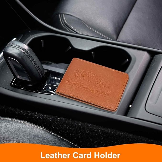 HARFINGTON Car Registration and Insurance Holder PU Leather Vehicle Glove Box Organizer Storage Accessories Car ID Holder with 10 Pockets for License ID Card Bank Card Documents, Brown