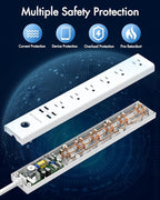 Power Strip 10Ft - Surge Protector with USB, AUOPLUS 6 Outlet and 4 USB Charger, 10Ft Long Extension Cord Flat Plug(1250W/10A/2100J), Wall Mountable Overload Protection for Computer Home Office Dorm