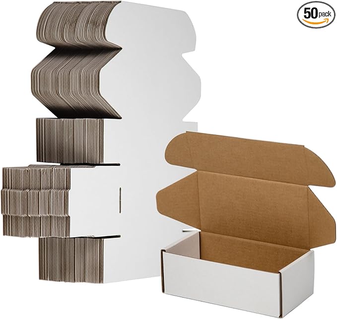 50 Pack 6.5x3.2x2.2 Inches Small Shipping Boxes, White Corrugated Cardboard Boxes, Moving Mailing Packing Box