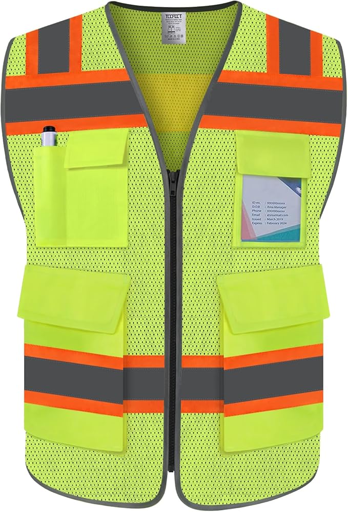 TCCFCCT Safety Vest for Men Women 5 Pockets Mesh High Visibility Reflective Vest with Reinforced Zipper, Durable Construction Work Vest with Fluorescent Orange Edge, Meets ANSI/ISEA, DW-Yellow, 3XL