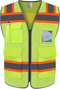 TCCFCCT Safety Vest for Men Women 5 Pockets Mesh High Visibility Reflective Vest with Reinforced Zipper, Durable Construction Work Vest with Fluorescent Orange Edge, Meets ANSI/ISEA, DW-Yellow, 5XL