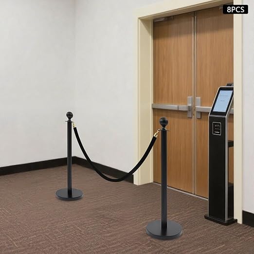 8 Packs Stanchion Posts Black Stainless Steel Stanchion Post Queue 5 ft Black Velvet Rope Red Carpet Ropes and Poles Crowd Control Barriers with Fillable Base for Theaters Wedding Exhibition