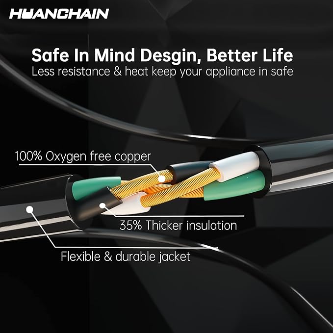HUANCHAIN Indoor Outdoor Black Extension Cord 50 ft Waterproof, 16/3 Gauge Flexible Resistant Appliance Extension Cord Outside, 13A 1625W 16AWG SJTW, 3 Prong Electric Cable, ETL Listed