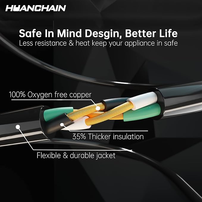 HUANCHAIN Indoor Outdoor Black Extension Cord 25 ft Waterproof, 16/3 Gauge Flexible Cold-Resistant Appliance Cable Outside, 13A 1625W 16AWG SJTW, 3 Prong Electric Cord, ETL