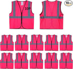 Pink Safety Vests 10 Pack - Reflective High Visibility Construction ANSI Class 2 Work Vests for Men,Woman with Zipper,Hi Vis Mesh and Neon Silver