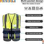 A-SAFETY High Visibility Mesh Safety Reflective Vest with Pockets and Zipper,Hi Vis Viz Reflective Safety Vest(Yellow&Navy Mesh XXL)